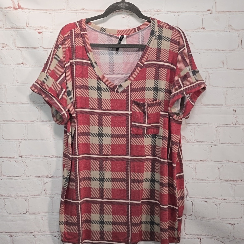 Glitzy Girlz Plaid Print Front Picket Tee Shirt Womens Size XL